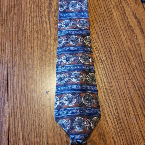 Conte Di Milano Blue, Brown & Beige Striped Geometric Silk Designer Tie - Picture 1 of 4